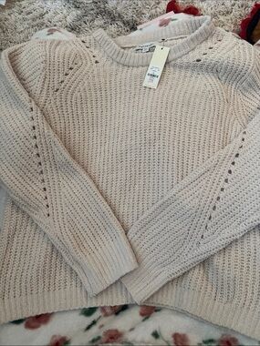 Francesca’s Taupe Open-Stitch Crewneck Sweater